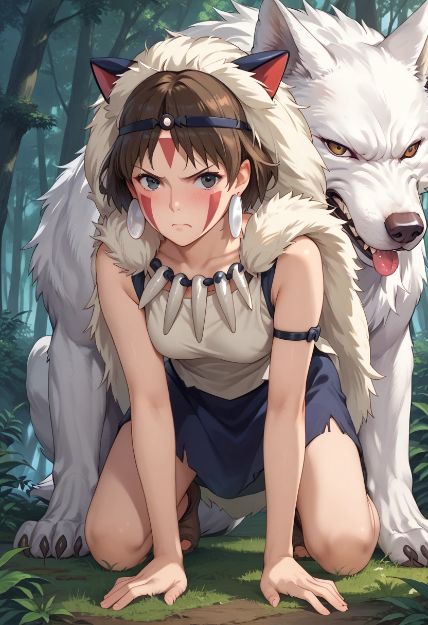 score_9, score_8_up, score_7_up, source_anime, rating _explicit, uncensored, high resolution picture, intricate details, princess mononoke, 1girl, san, crawling on all fours, white sleeveless top, navy under dress, short hair, brown hair, gray eyes, headband, face paint, earrings, arm cuffs, fur headdress, fur cape, light-skinned, furrowed, frown, angry, embarrassed, BREAK, (1wolf, a big white wolf, fore-legs on her body), outdoors, forest, 