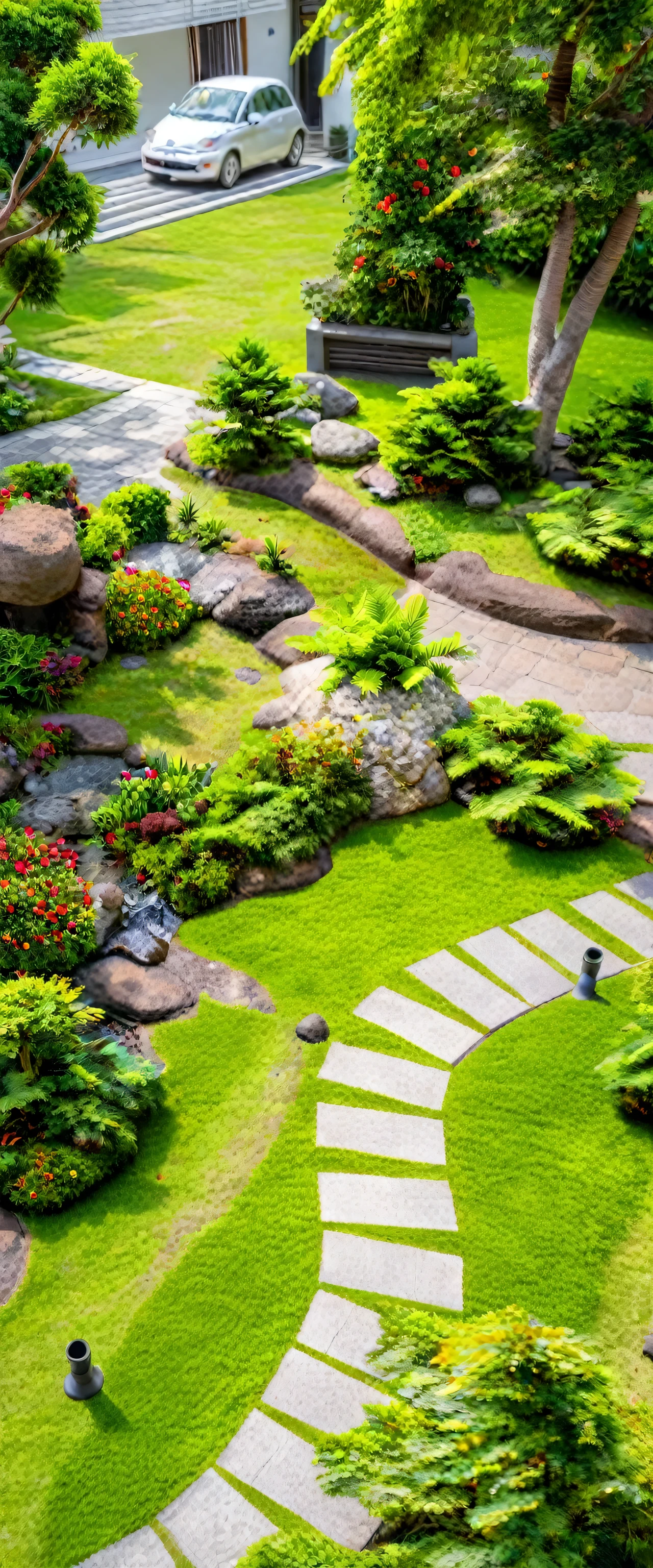 Moderntropicalgardern,aiaigroup, aerial view, outdoors, garden, tree, east asian architecture, rock, stone, flower, daylight,  house,Beautifully designed garden mandarin branches