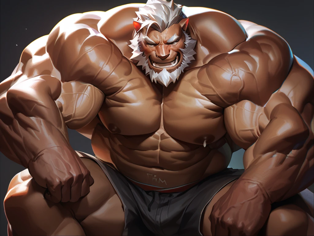 by_lindong, score_9, score_8, A huge muscular old man, sitting, shorts, short white hair, nipples, detailed wrinkles, happy, detailed veins, detailed muscles, simple background, (best quality,4k,8k,highres,masterpiece:1.2),ultra-detailed,dramatic lighting,chiaroscuro,atmospheric,moody,cinematic. highly detailed, 8k