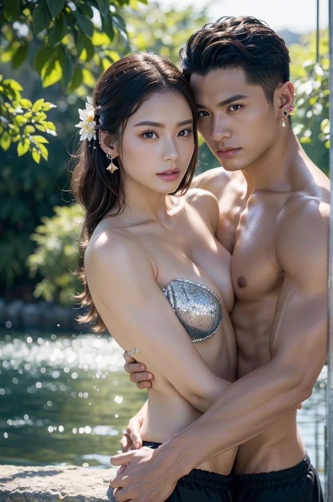 nsfw,(1boy),( a boy is grabbing girl’s breasts from behind).,naked,cute japanese girl,trained abs,bangs,ponytail,open mouth,wet,necklace ,earrings,bracelet,in a cave,cowboyshot,public hair,smile,closed eyes,open mouth,wet body,show off vagina,skinny body,small breast,