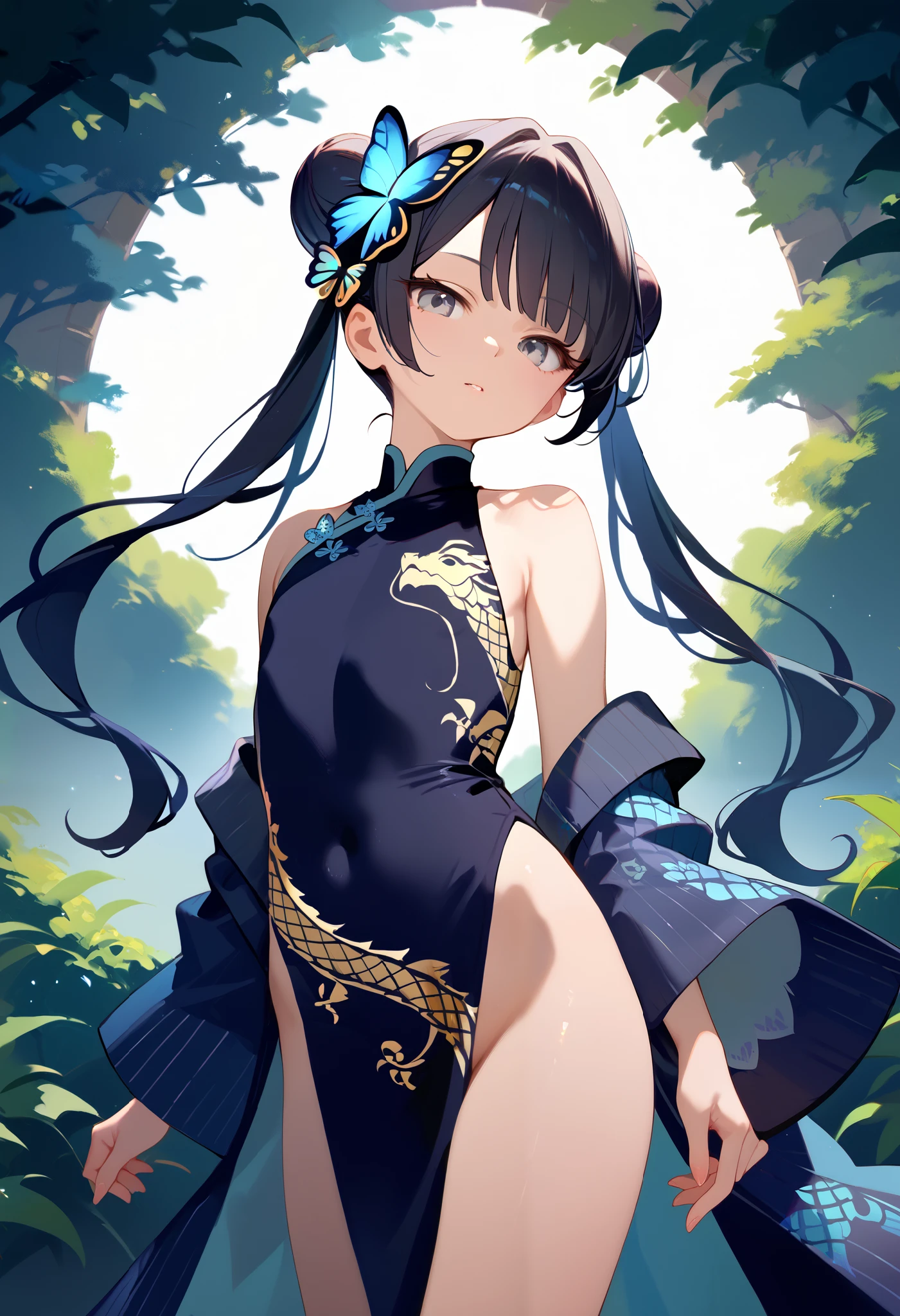 masterpiece,  top quality,  perfect face,  highest resolution, eyes showing the navel, Ryuuge Kisaki,  1 girl, young,  gray eyes,  black hair,  bun hair ,  twin tails, Butterfly Hair Ornament,  long hair,  flat chested, Chinese Dress , dragon print, Gold embellished dress,