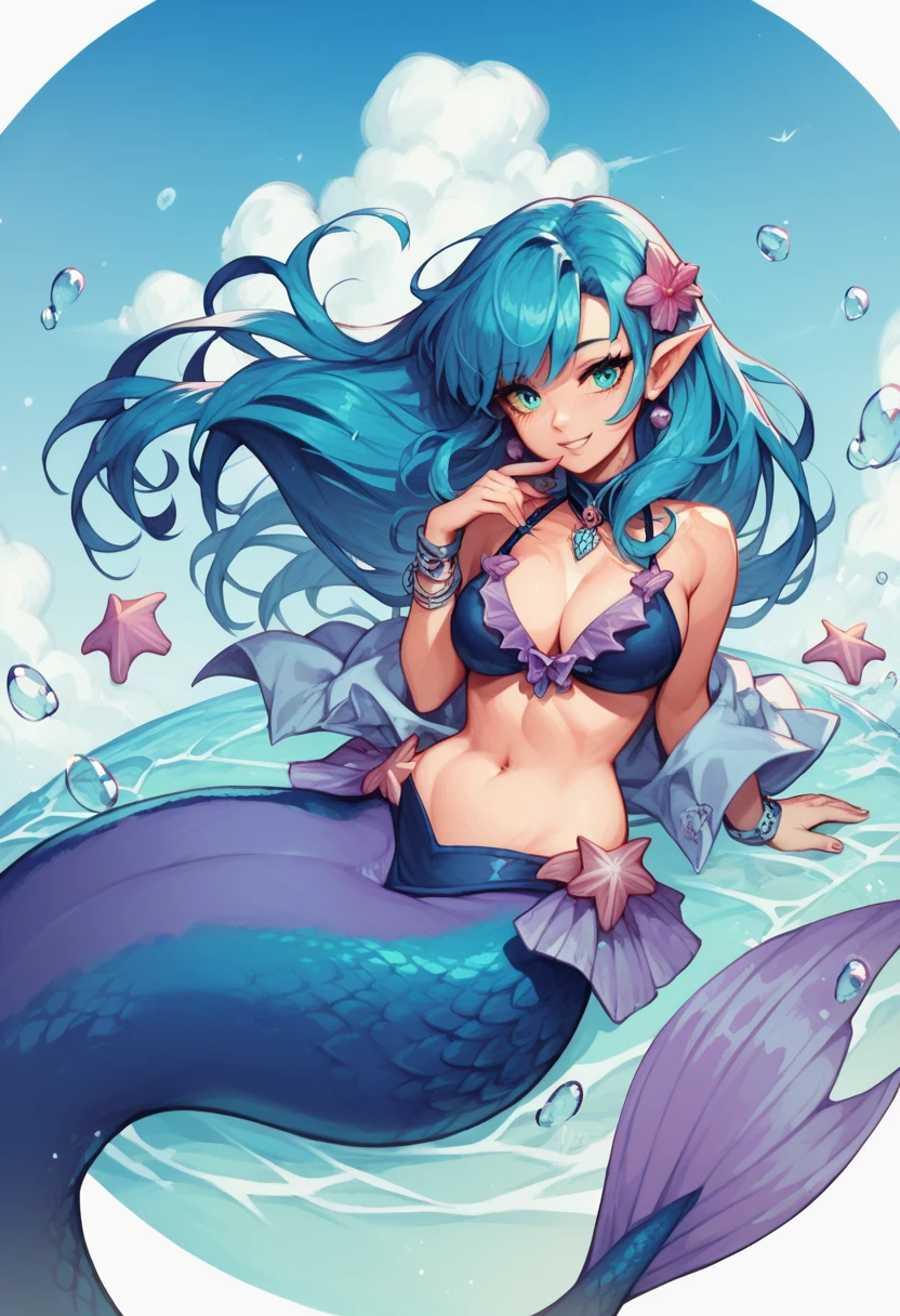 A beautiful siren with saphire blue hairs, cyan eyes, purple seashell bikini, purple mermaid tail, 2d anime style