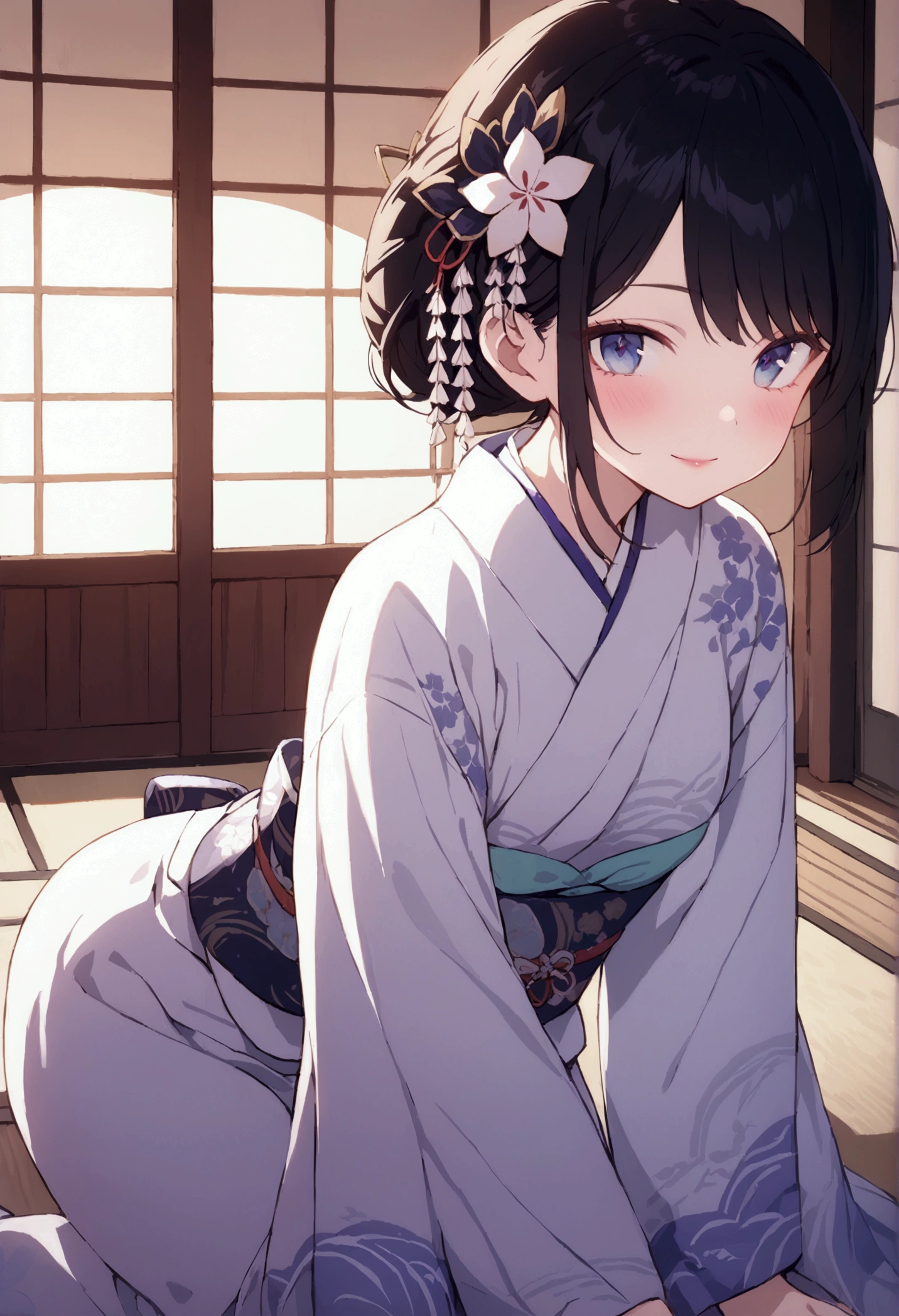 a beautiful japanese woman kneeling inside of a traditional japanese house, wearing an intricate azur akimono,detailed kimono ,detailed hair ornaments, detailed facial features, beautiful eyes and lips, serene expression,gentle and innocent smile,warm lighting, ornate interior, wooden floors, shoji screens, calming atmosphere, looking at the viewer with a slight blush, seductive gaze,