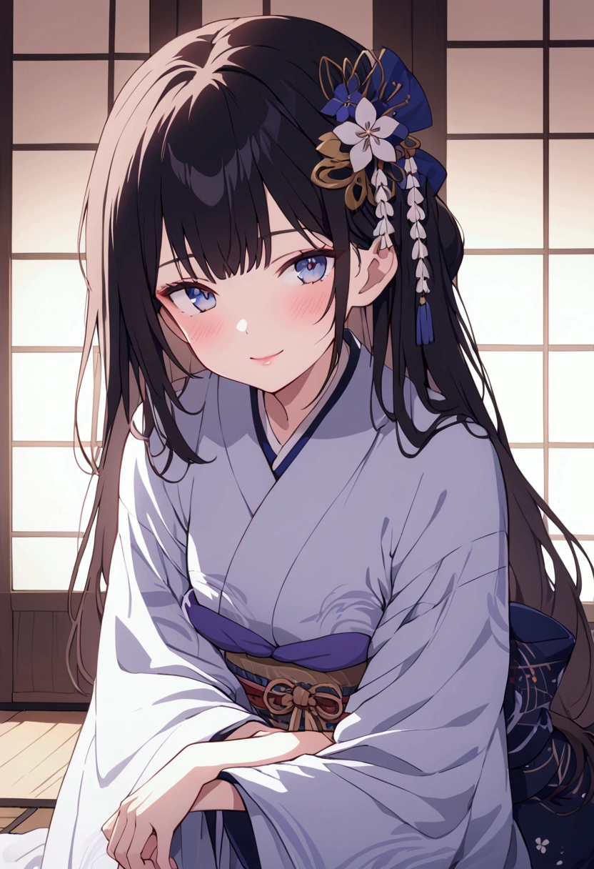 a beautiful japanese woman kneeling inside of a traditional japanese house, wearing an intricate azur akimono,detailed kimono ,detailed hair ornaments, detailed facial features, beautiful eyes and lips, serene expression,gentle and innocent smile,warm lighting, ornate interior, wooden floors, shoji screens, calming atmosphere, looking at the viewer with a slight blush, seductive gaze,