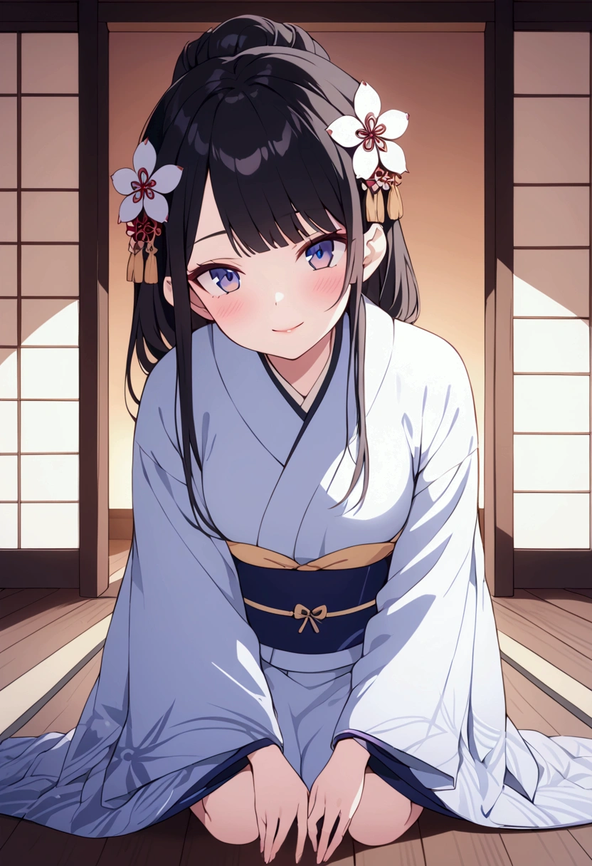 a beautiful japanese woman kneeling inside of a traditional japanese house, wearing an intricate azur akimono,detailed kimono ,detailed hair ornaments, detailed facial features, beautiful eyes and lips, serene expression,gentle and innocent smile,warm lighting, ornate interior, wooden floors, shoji screens, calming atmosphere, looking at the viewer with a slight blush, seductive gaze,