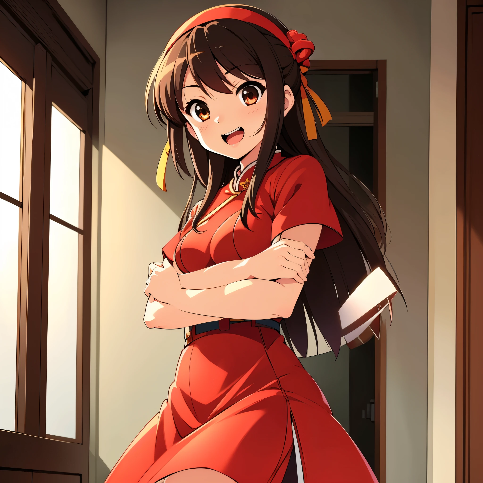 indoor, inside chinese room, focus face, from side, wearing red china dress, break , looking away, big laugh, anime style, 8k, masterpiece, ultra high res, yellow headband, shoot hair,