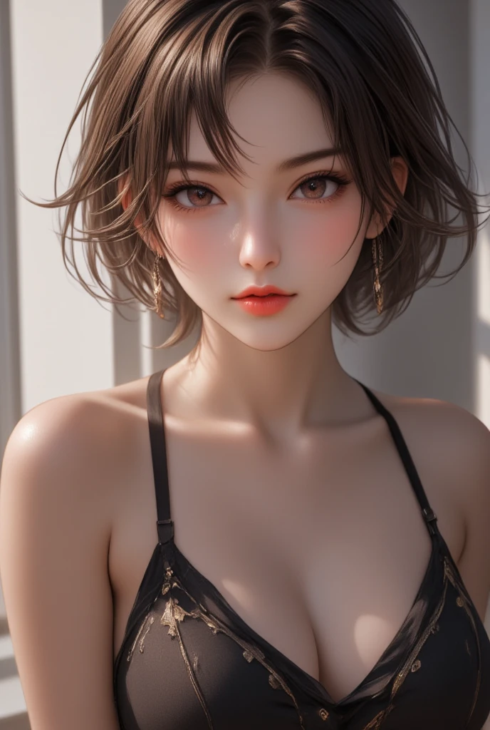 portrait, tanned skin cool beauty, shiny silky messy short hair, amorous and lewd expression, captivating eyes, superlative body proportion, wearing loose T-Shirts, short pants, 2.5D, artistic photography, hyper realistic, ultra detailed, absolutely resolution, masterpiece