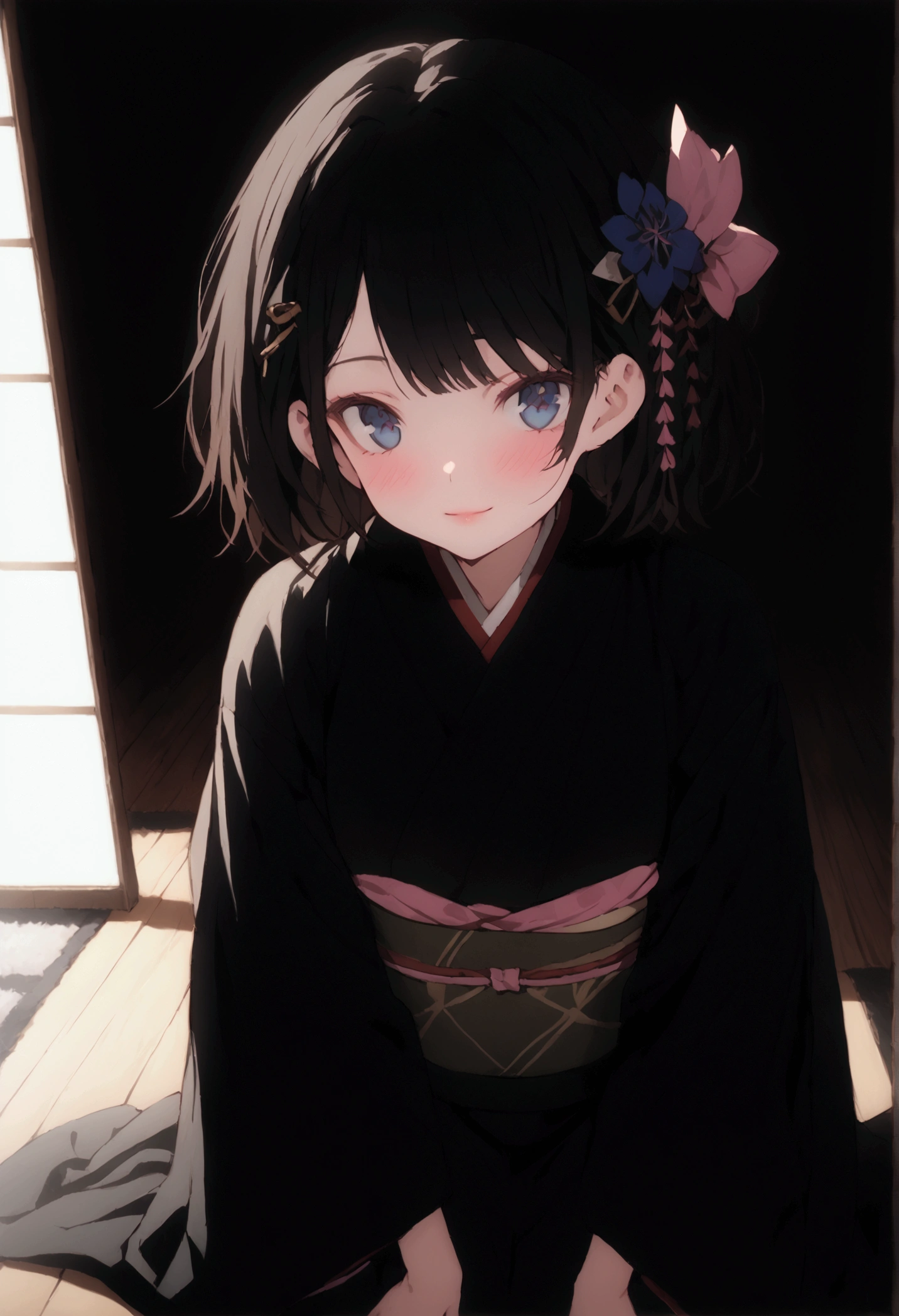 (masterpiece 1.2)Ruka Sarashina >rent a girlfriend<a beautiful japanese woman kneeling inside of a traditional japanese house, wearing an intricate azur akimono,detailed kimono ,detailed hair ornaments, detailed facial features, beautiful eyes and lips, serene expression,gentle and innocent smile,warm lighting, ornate interior, wooden floors, shoji screens, calming atmosphere, looking at the viewer with a slight blush, seductive gaze,