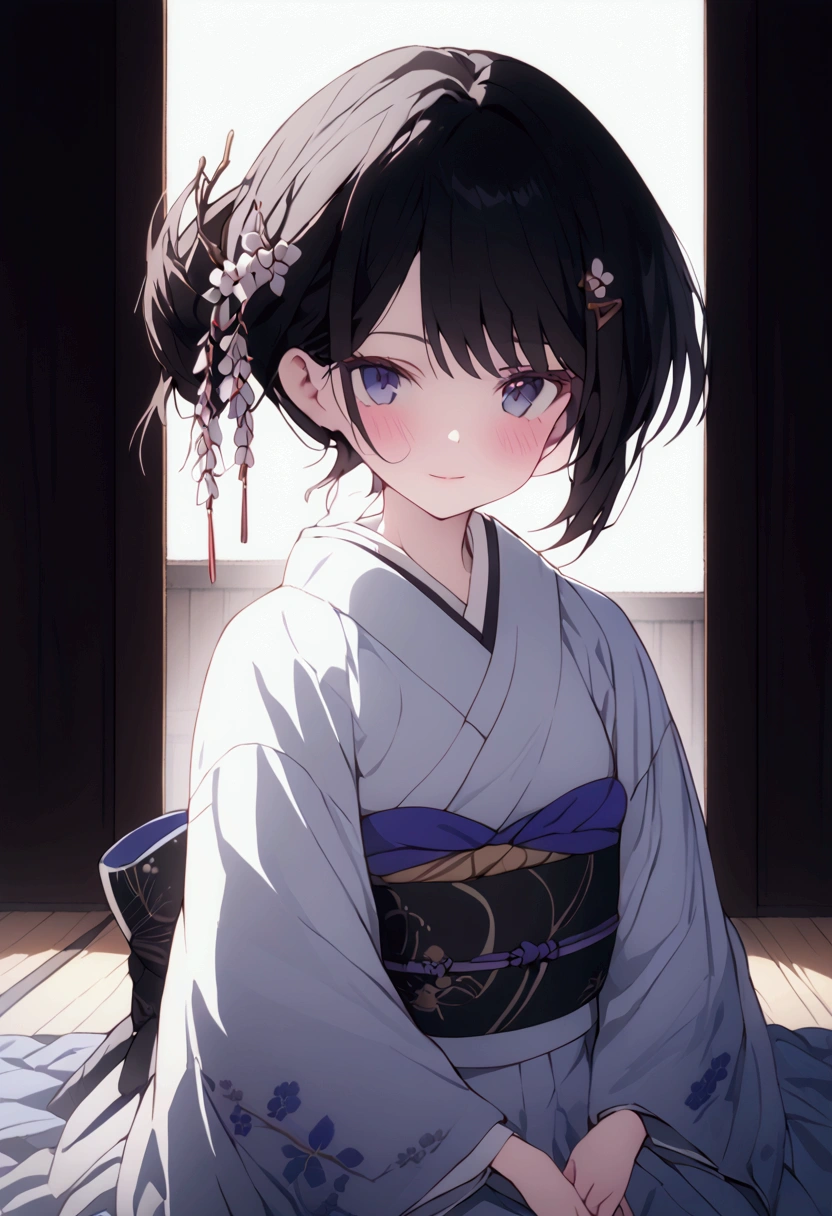 (masterpiece 1.2)Ruka Sarashina >rent a girlfriend<a beautiful japanese woman kneeling inside of a traditional japanese house, wearing an intricate azur akimono,detailed kimono ,detailed hair ornaments, detailed facial features, beautiful eyes and lips, serene expression,gentle and innocent smile,warm lighting, ornate interior, wooden floors, shoji screens, calming atmosphere, looking at the viewer with a slight blush, seductive gaze,