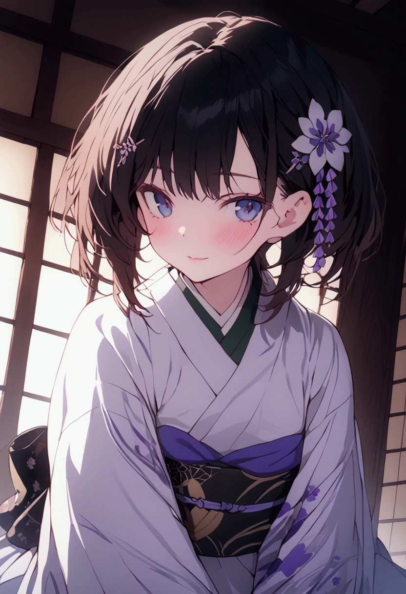 (masterpiece 1.2)Ruka Sarashina >rent a girlfriend<a beautiful japanese woman kneeling inside of a traditional japanese house, wearing an intricate azur akimono,detailed kimono ,detailed hair ornaments, detailed facial features, beautiful eyes and lips, serene expression,gentle and innocent smile,warm lighting, ornate interior, wooden floors, shoji screens, calming atmosphere, looking at the viewer with a slight blush, seductive gaze,