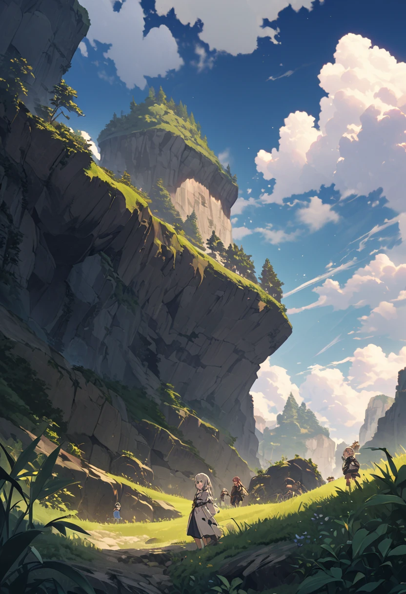  high image quality　 A post-apocalyptic world  　grow up　nature　  beyond technology  　Deserted Robot  　 high image quality　雄大なnatureが繊細なタッチで描かれる　  girls stand in the lower left grass 　cliff　蔦が生い茂っている
少女がcliffの上から壊れかけでボロボロのビル群を見渡している　Large 、  girls look small  　   who transcends technology   　cliff下を見渡している　構図はその少女の上ら辺からcliffを見渡している視点　 high image quality　