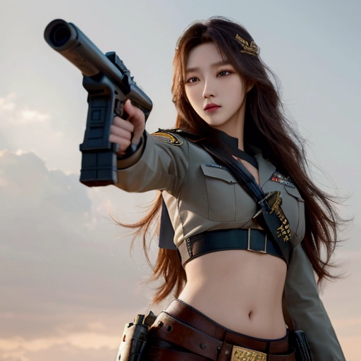 (8k,  best quality , masterpiece:1,2), Realistic depiction ,  top quality, masterpiece, Long hair, Detailed eyes,  cowboy shot on top of the make,  K-pop style girl , sexy officer costume,  very beautiful face , He's shooting at the front,  war background , Standing.