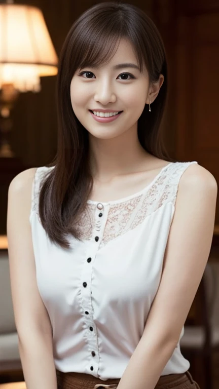 ((masterpiece)), ((Highest quality)), ((Complex)), ((Surreal)), (Realistic), (Mature Woman), ((There are no classes)), Very detailed, (1 female), Beautiful and exquisite, (Beautiful Teeth), Grin, Brunette Bob Hair, Brown eyes, ((blouse)), (Upper Body), (background:none), Perfect Eyes, Captivating eyes, Looking at the audience