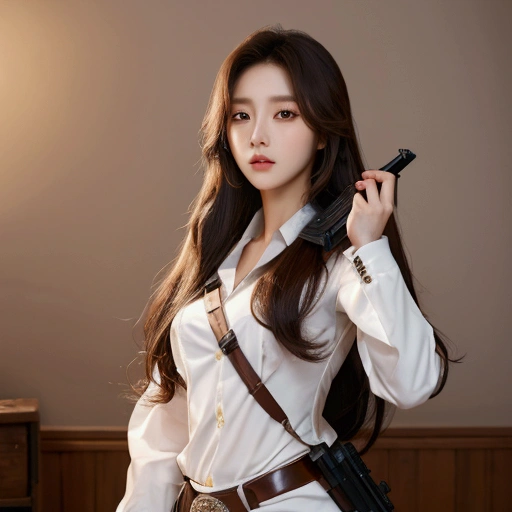 (8k,  best quality , masterpiece:1,2), Realistic depiction ,  top quality, masterpiece, Long hair, Detailed eyes,  cowboy shot on top of the make,  K-pop style girl , sexy officer costume,  very beautiful face , He's shooting at the front,  war background , Standing.