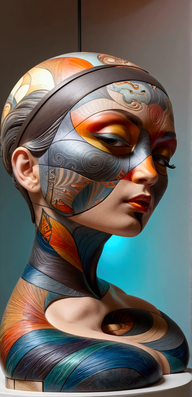 a surreal young woman in a thai style half body abstract sculpture, detailed face and body, intricate textures, striking colors, dynamic composition, ethereal atmosphere, (best quality,8k,highres,masterpiece:1.2),ultra-detailed,(realistic,photorealistic,photo-realistic:1.37),dynamic lighting,dramatic shadows,glowing highlights,vibrant colors,dreamlike,mystical,conceptual art