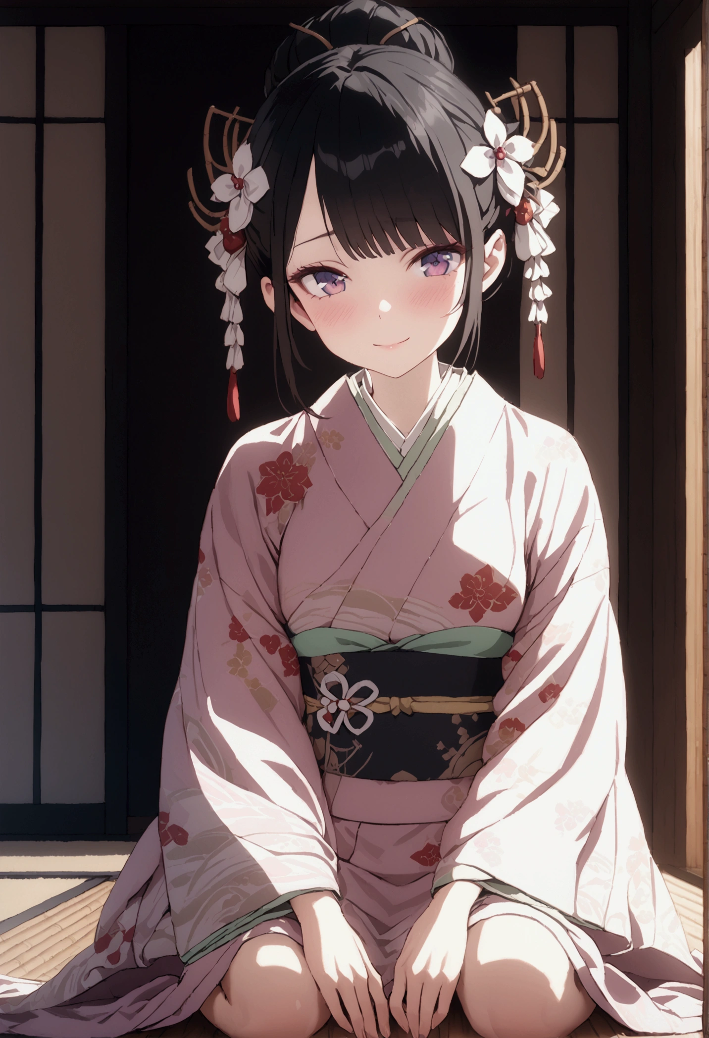 a beautiful japanese woman in elegant kimono, intricate detailed kimono pattern, kneeling inside traditional japanese house, smiling innocently, shy expression, delicate facial features, long eyelashes, porcelain skin, ornate japanese interior, bamboo flooring, warm lighting, cinematic lighting, vivid colors, highly detailed, photorealistic, 8k, masterpiece,detailed hair ornaments,detailed face and eyes,