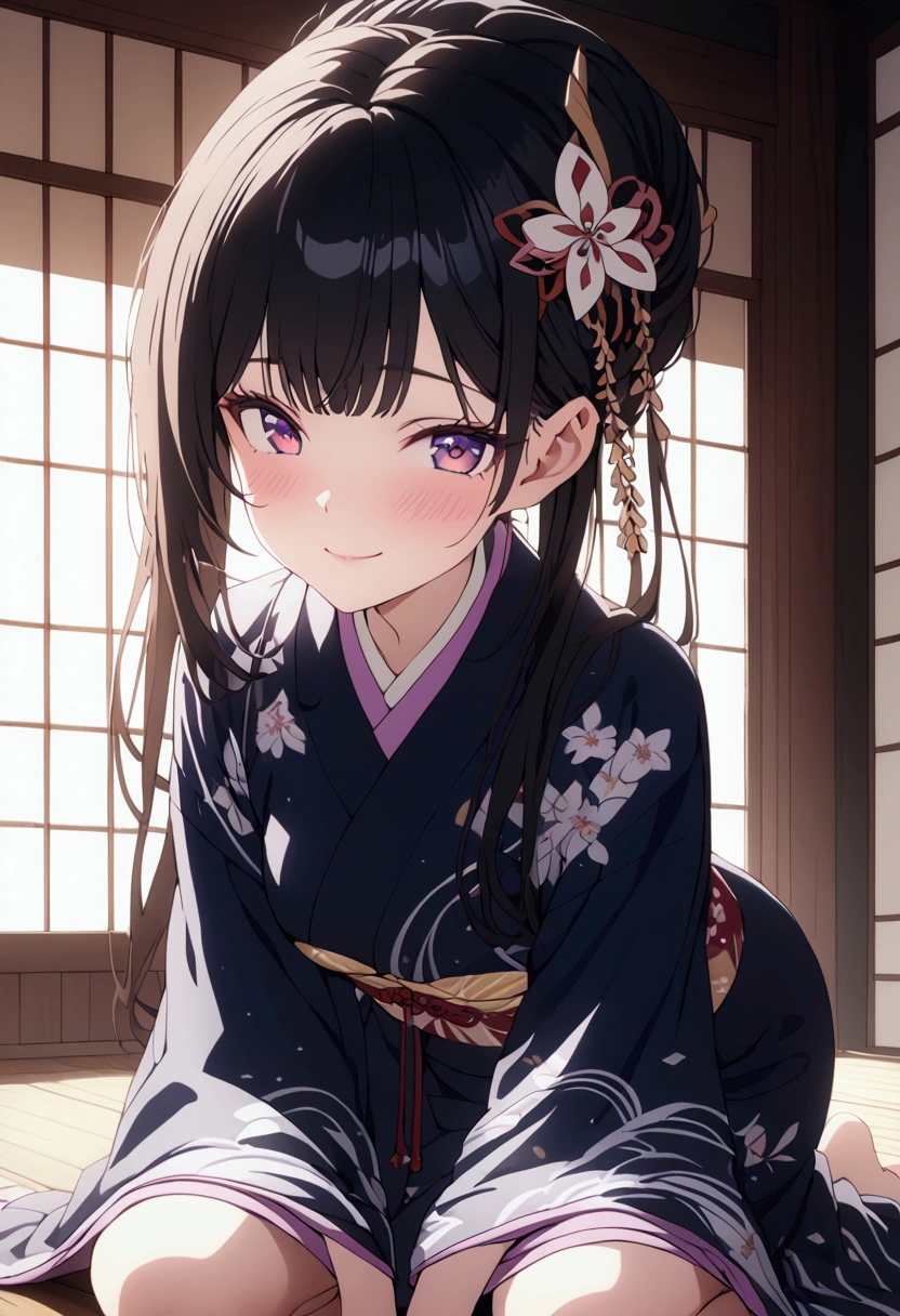 a beautiful japanese woman in elegant kimono, intricate detailed kimono pattern, kneeling inside traditional japanese house, smiling innocently, shy expression, delicate facial features, long eyelashes, porcelain skin, ornate japanese interior, bamboo flooring, warm lighting, cinematic lighting, vivid colors, highly detailed, photorealistic, 8k, masterpiece,detailed hair ornaments,detailed face and eyes,