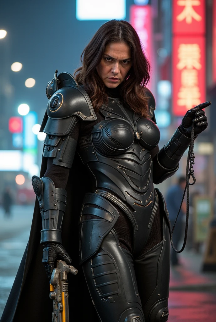 full body shot, low angle shot, (best quality,8K,highres,masterpiece:1.2), ultra-detailed, realistic, photorealistic:1.37, cyberpunk goddess of war, natalie dormer face, sexy and dangerous, sexy armor, deadly weapon, angry look, pointing target, majestic appearance, defiant yet awe-inspiring , dark sci-fi, horror, dark and doomy, full body shot, hyper realistic, cinematic lighting, dramatic pose, intricate details, advanced technology, neon lights, dark atmosphere, moody colors, dramatic shadows, film grain, shallow depth of field, cinaematic shot, ohwx woman face, immersive sci-fi background