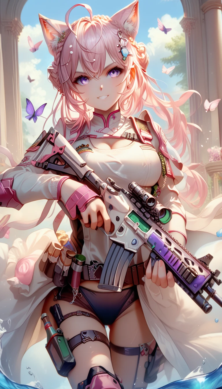 ultra-detailed, 1girl, solo, hakui koyori, (masterpiece)), (best quality), (highres), 16K, purple eyes, pink hair, bangs, crossed bangs, hair between eyes, ahoge, braid, hair ornament, animal ears, animal ear fluff, tail, wearing tactical clothes, tactical belt, black thong, knee pads, busty body, large breasts and a beautiful ass, showcasing cleavage, legs, hips, (holding assault rifle), looking at viewer, detailed face, smile, detailed hair, detailed whole body, war background