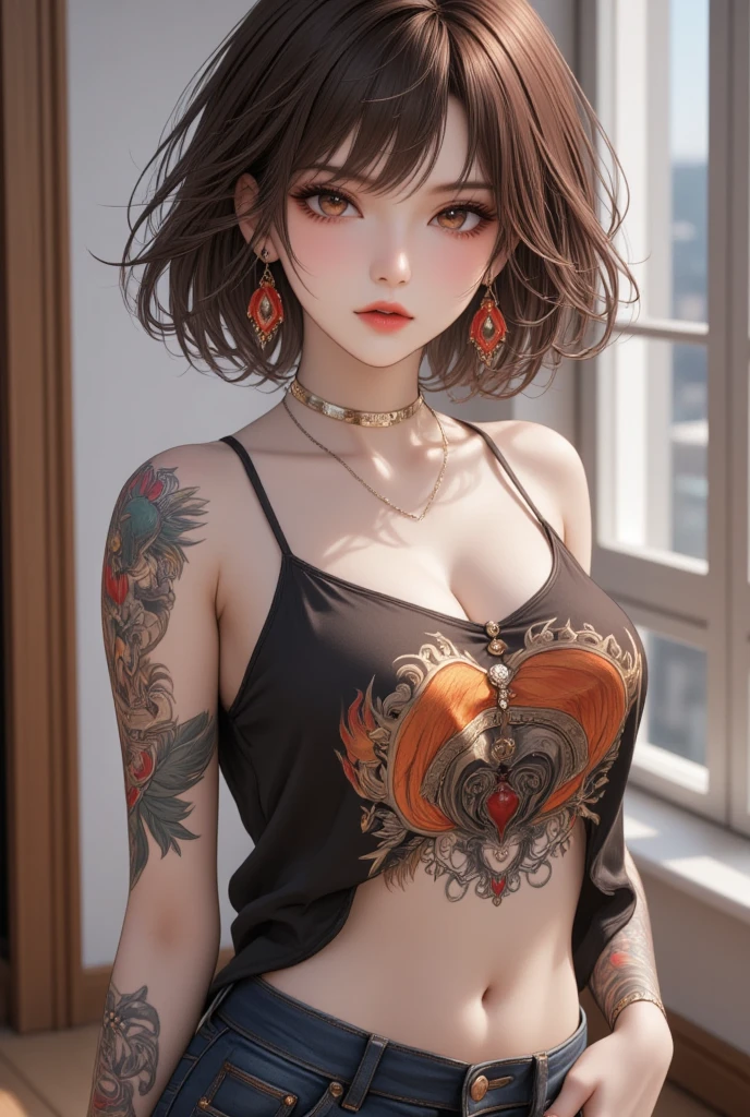 portrait, tanned skin cool beauty, shiny silky messy short hair, amorous and lewd expression, captivating eyes, superlative body proportion, covered in tattoos, wearing loose T-Shirts, short pants, 2.5D, artistic photography, hyper realistic, ultra detailed, absolutely resolution, masterpiece