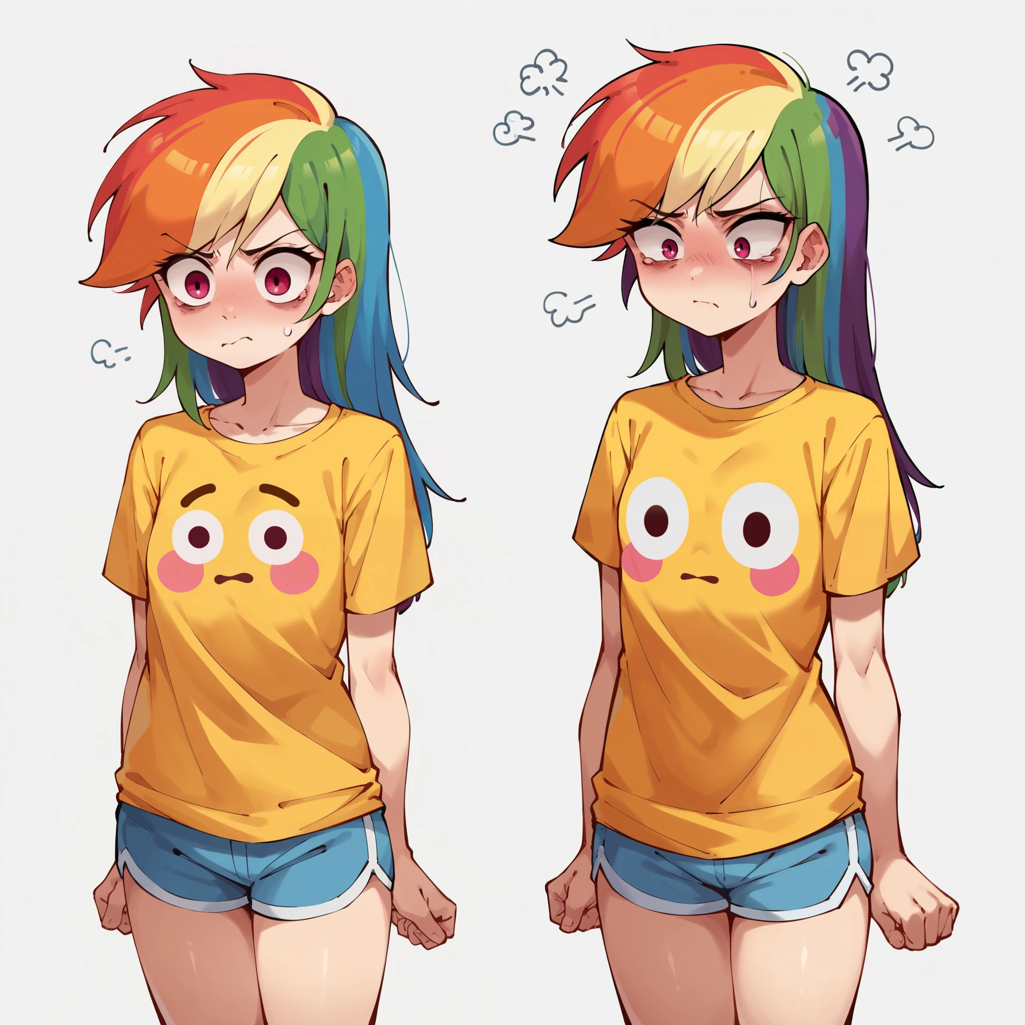 score_9, score_8_up, score_7_up, BREAK, 2girl, duo, thighs, flushed_emoji_shirt, multiple views,  simple background, yellow t-shirt, human, rainbow dash, flat chest, (devastated expression:1.2), annoyed, unjustified expectations, sad,, small breasts