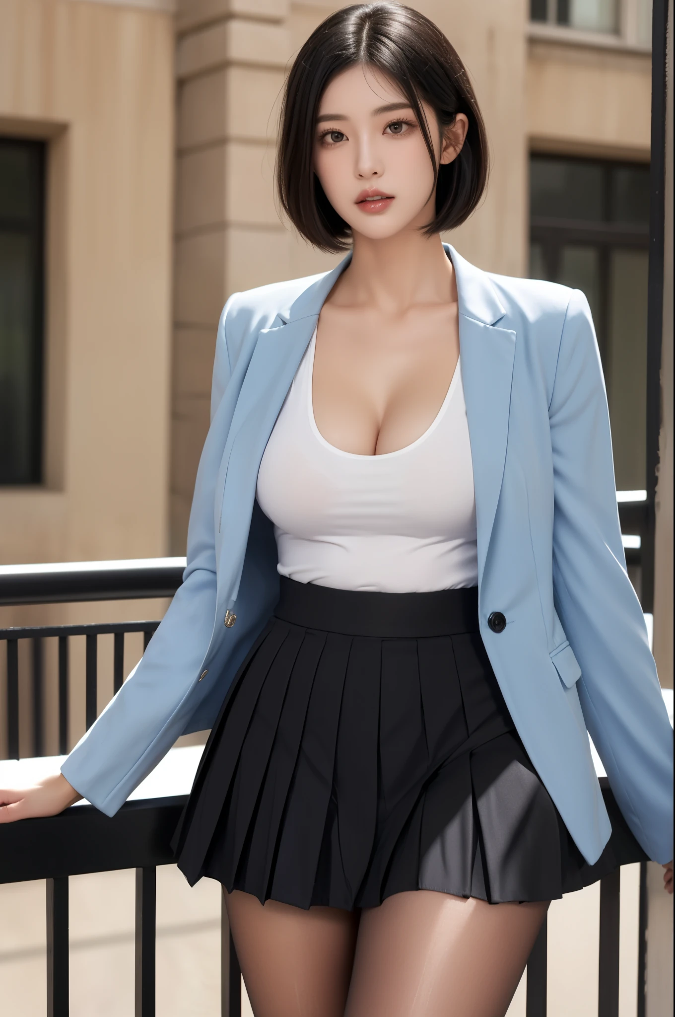 woman,women,Medium Length Hair,short hair,straight hair,black hair,look at lens,black eyes,naughty face,tsurime,Facing the lens,front,white shirt,silkribbon,Black pleated skirt,blue pleated skirt,Black pantyhose,blue Suit jacket,cool,large thighs,plump thighs,big breasts,stand,solo,plump,on balcony in the city,bust shot, 1girl 