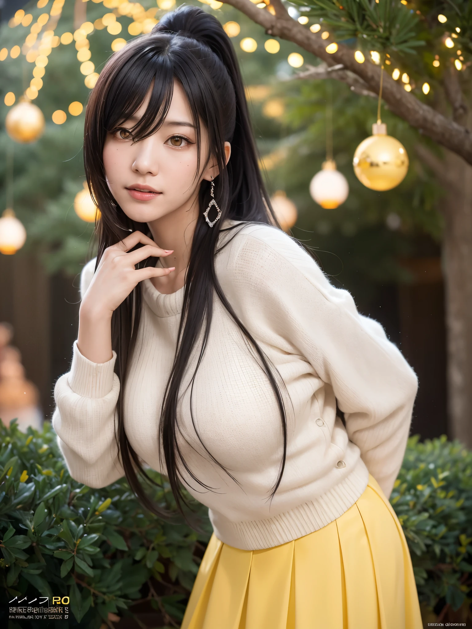1girl, solo, ager, Slender Body, (huge Breasts:1.25), (pointy breasts:1,25), Low Height, (cute Japanese girl), smile, Looking at camera, close up,
break
Professional photo-realistic images, (8k, RAW photo, best quality, masterpiece:1.2), (realistic, photo-realistic:1.4), (extremely detailed 8k wallpaper), sharp focus, depth of field, blur background, bokeh, cinematic lighting, soft light,
break
sakuya shirase, black hair, ((hair between eyes, long hair, ponytail)), (yellow eyes:1.5),
breaksee-through silhouette, nipples through, erection of nipple,
POV, black oversized sweater, white skirt, downblouse, leaning forward, braless,
araffe christmas tree with lights on in a plaza with people, an enormous silver tree, christmas tree, a beautiful tree, holiday season, golden sacred tree, big tree, the world tree, local illumination, giant white tree, a hyper realistic, beatifully lit, scenic full shot, by Kanō Tan'yū, tree's, large tree