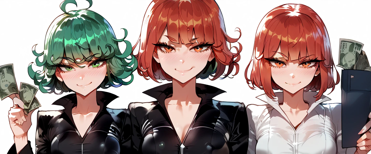 3 women, makima, tatsumaki and hinata, all three dressed in sexual clothes, prostitute clothes, are next to each other, smiling at the viewer, smiling and playing, white background, no background