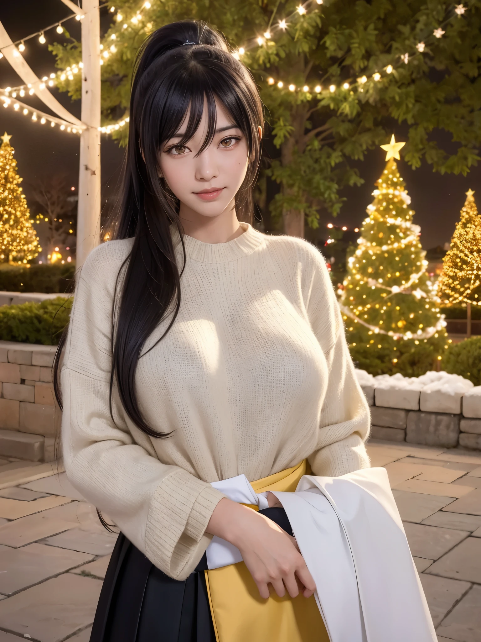 1girl, solo, ager, Slender Body, (huge Breasts:1.25), (pointy breasts:1,25), Low Height, (cute Japanese girl), smile, Looking at camera, close up,
break
Professional photo-realistic images, (8k, RAW photo, best quality, masterpiece:1.2), (realistic, photo-realistic:1.4), (extremely detailed 8k wallpaper), sharp focus, depth of field, blur background, bokeh, cinematic lighting, soft light,
break
sakuya shirase, black hair, ((hair between eyes, long hair, ponytail)), (yellow eyes:1.5),
break
POV, black oversized sweater, white skirt, downblouse, leaning forward, braless,  
araffe christmas tree with lights on in a plaza with people, an enormous silver tree, christmas tree, a beautiful tree, holiday season, golden sacred tree, big tree, the world tree, local illumination, giant white tree, a hyper realistic, beatifully lit, scenic full shot, by Kanō Tan'yū, tree's, large tree