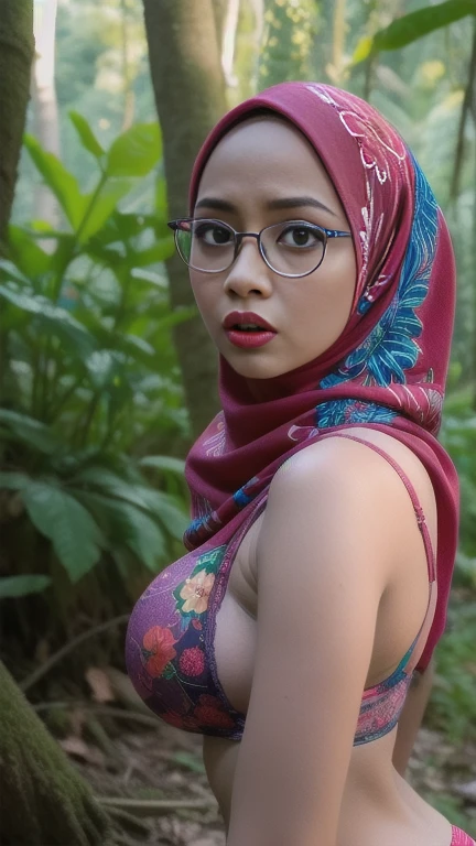 cowboy_pose,naughty, (iu:0.8),cleavage, RAW, Best quality, high resolution, Masterpiece: 1.3, Beautiful glasses pearl_skinned sexy hijabi javanese at tribal forest, Masterpiece, Soft smile,choker