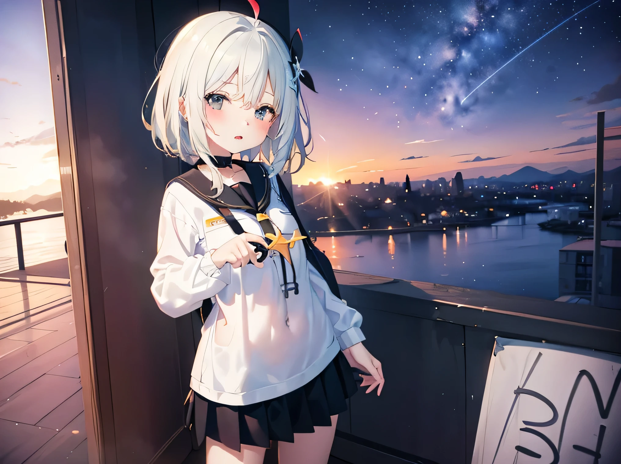 monochrome tone, black & white two tone (all image layer color), An anime girl with short hair standing in front of the sky, school uniform, short skirt (check pattern), wearing headphone on neck, neck band (headphone), normal chest, -yeld girextreme hand detail, Promotional art, Shining Star, Visual Novel CG, official art, Key Art, shooting star, wallpaper!, official fanart, Promotional artwork, milky way,, Visual Novel Key Visual, masterpiece
