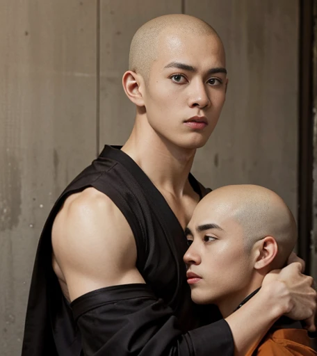 A bad guy hugs and bullies a handsome young monk, aged 20, bald shaved head, Thai style dark brown robes, bare right shoulder, shy face, sad eyes, apologizing gesture