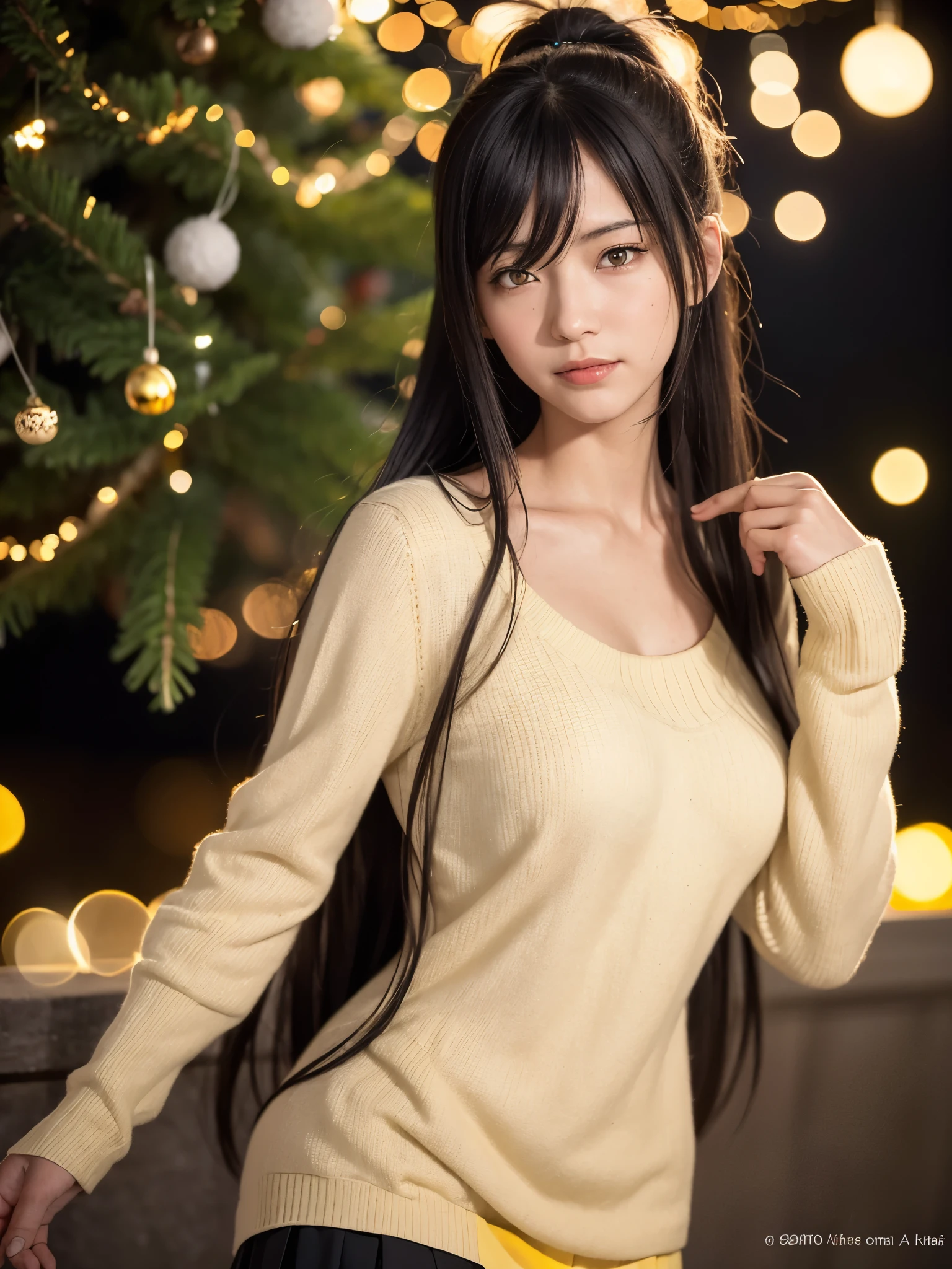 1girl, solo, ager, Slender Body, (huge Breasts:1.25), (pointy breasts:1,25), Low Height, (cute Japanese girl), smile, Looking at camera, close up,
break
Professional photo-realistic images, (8k, RAW photo, best quality, masterpiece:1.2), (realistic, photo-realistic:1.4), (extremely detailed 8k wallpaper), sharp focus, depth of field, blur background, bokeh, cinematic lighting, soft light,
break
sakuya shirase, black hair, ((hair between eyes, long hair, ponytail)), (yellow eyes:1.5),
break
POV, black oversized sweater, white skirt, downblouse, leaning forward, braless,
araffe christmas tree in a square with a lot of people, by Tom Wänerstrand, photo taken at night, christmas night, happy!!!, by Sven Nordqvist, by Jens Søndergaard, wide image, a wide full shot, abcdefghijklmnopqrstuvwxyz, by Karl Völker