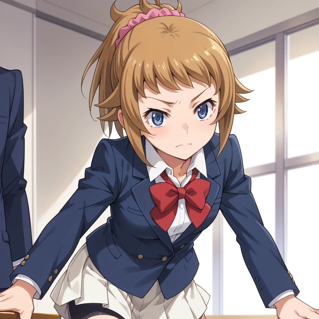 (masterpiece,best quality,high resolution,ultra detailed,anime cg),((anime style)), 1 girl,solo, hoshino fumina, blue eyes, brown hair, ponytail, scrunchie,white skirt, school uniform, blue blazer, bike shorts, shirt, white shirt, collared shirt, bow, red bowtie,