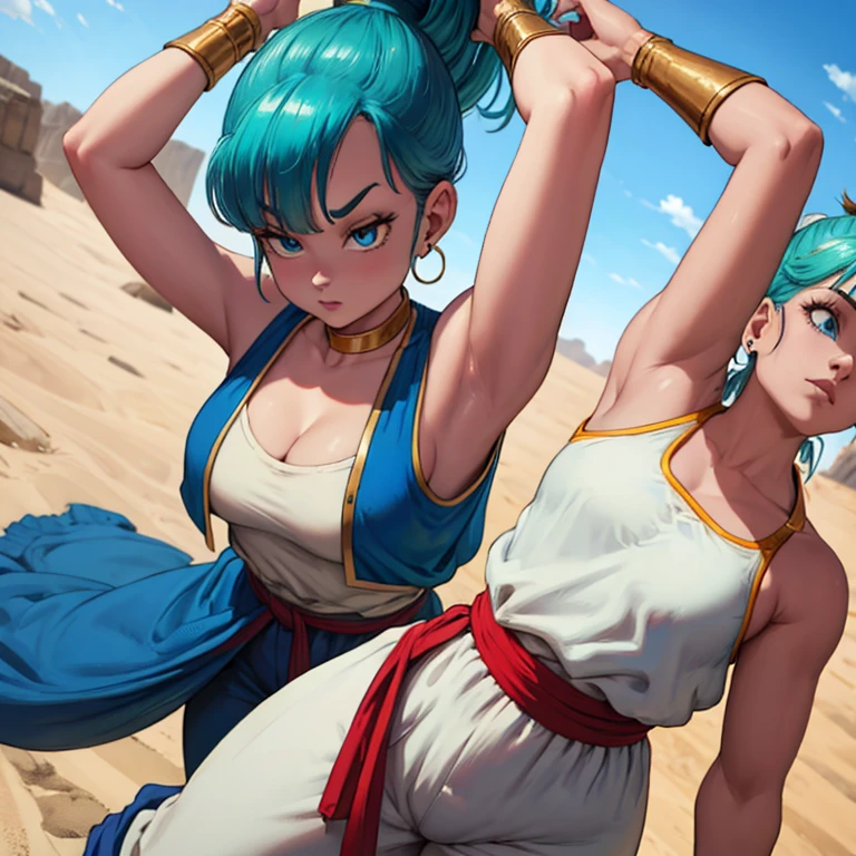 1 girl,  masterpiece , better_quality:0.5, highres, 4k image, ( _ details :0.7), absurdo, ((cowboy_angle_shot:0.4)), sharpen the image, Bulma, 1 girl, Alone, Blue eyes, blue hair, aqua hair, blows, hair, high ponytail, earrings, arabic clothing, camisa blanca, blue vest, pantalones blancos,  loose pants , red sash,  bare shoulders, sleeveless, ( deep neckline), yellow necklace, wristband, collar, perfect ,  perfect body ,  shiny skin , warm sunny day, outdoors,  desert landscape, raising her arms to the sides, 