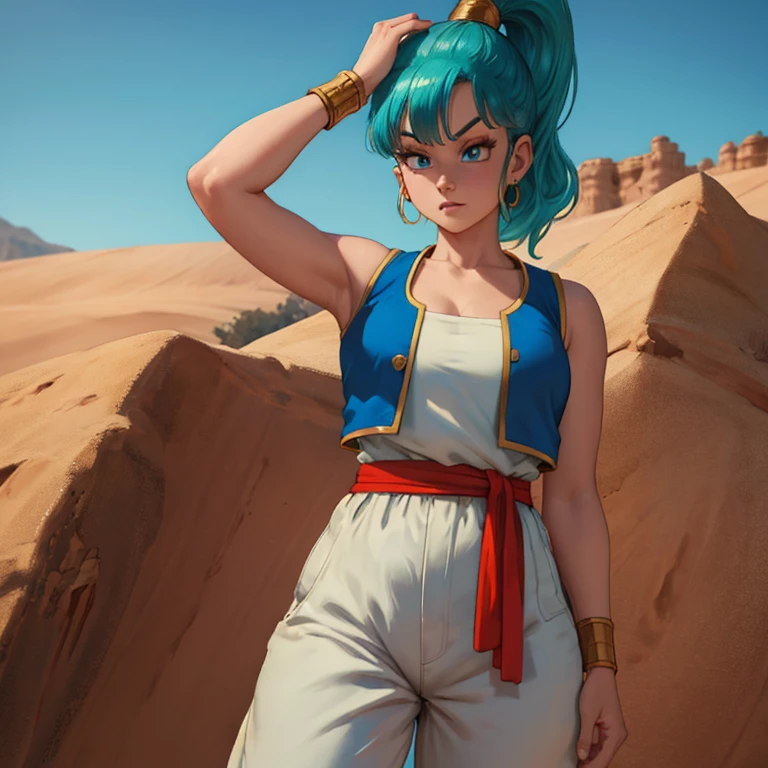 1 girl,  masterpiece , better_quality:0.5, highres, 4k image, ( _ details :0.7), absurdo, ((cowboy_angle_shot:0.4)), sharpen the image, Bulma, 1 girl, Alone, Blue eyes, blue hair, aqua hair, blows, hair, high ponytail, earrings, arabic clothing, camisa blanca, blue vest, pantalones blancos,  loose pants , red sash,  bare shoulders, sleeveless, ( deep neckline), yellow necklace, wristband, collar, perfect ,  perfect body ,  shiny skin , warm sunny day, outdoors,  desert landscape, raising her arms to the sides, 