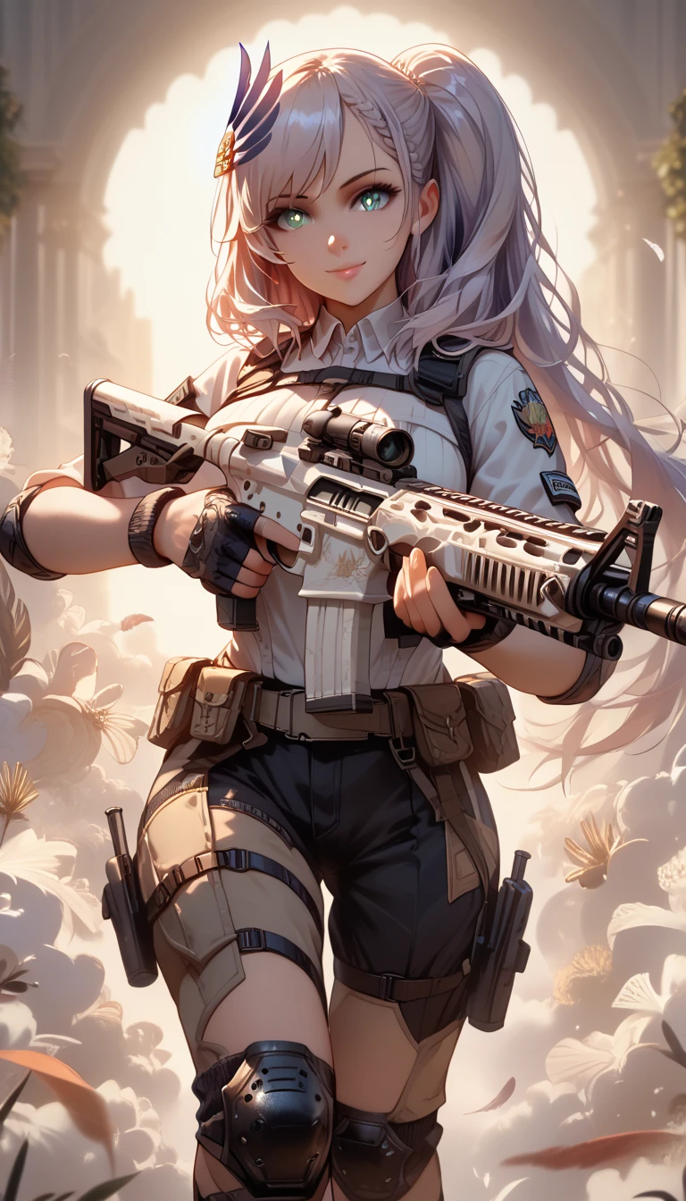 ultra-detailed, 1girl, solo, PavoliaReine, (masterpiece)), (best quality), (highres), 16K, bright pupils, long hair, side ponytail, feather hair ornament, wearing tactical clothes, tactical belt, black thong, knee pads, busty body, large breasts and a beautiful ass, showcasing cleavage, legs, hips, (holding assault rifle), looking at viewer, detailed face, smile, detailed hair, detailed whole body, war background