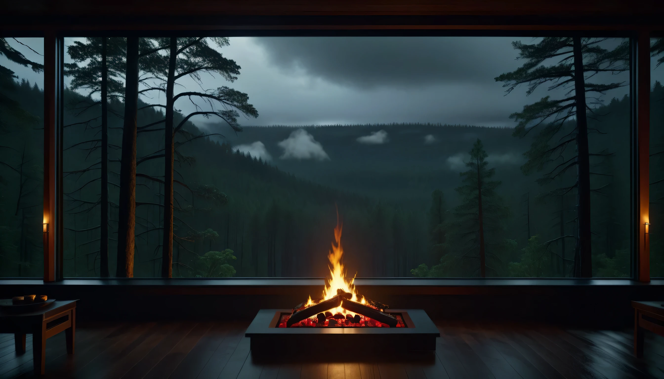 Bedroom view with fire in the fireplace in the room, large windows overlooking the forest, quiet night. original image, rainy day. original rendering, rainy night, gloomy cinematic lighting, atmosphere, moody scenes, dramatic lighting. cinematic, cinematic, atmospheric shots, gloomy weather. hyperrealistic, atmospheric rendering, rainy night, huge forest, cinematic, 4k, ultra hd, atmospheric and gritty details, beautiful and cinematic lighting, rainforest