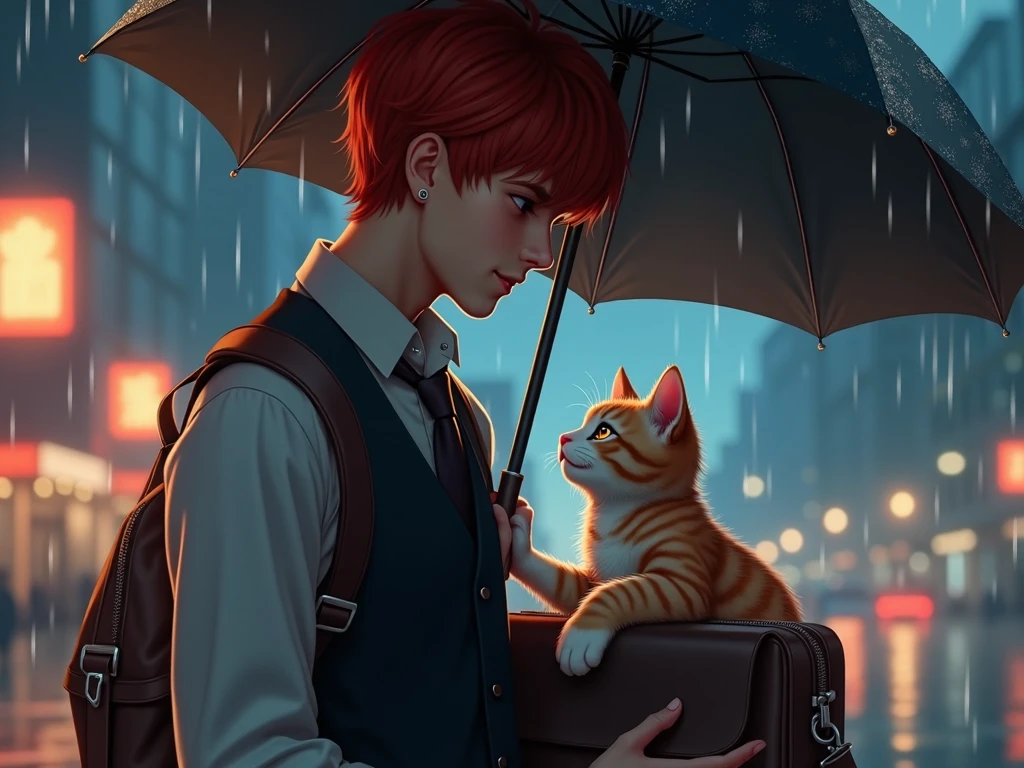 young handsome red-haired man of 19 years old, wearing a black vest suit, a shoulder strap men's briefcase with a kitten inside, is holding an umbrella with one hand and looking at the kitten with a sweet smile, rainy night in a city, solo, concept art, digital art, detailed, HD,  masterpiece, blur 