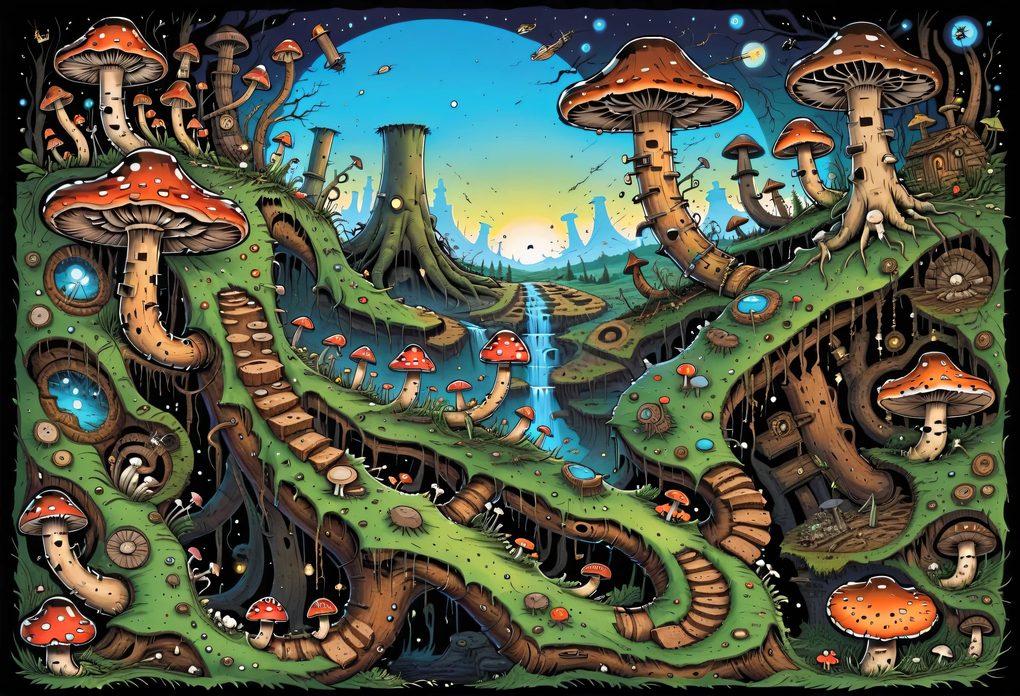 A complex picture of vector graphics, a surreal image of a cross-section of the earth with a large system of thin strange mushrooms and a mycelium in which new small mushrooms are born, an extensive network of underground mycelium, many different mushrooms on the surface of different sizes, a fictional fairy-tale atmosphere, above the earth with forests and mosses and mushrooms, vector graphics, high resolution, clear contours, colorful gradients, high detail, ultra-detailed