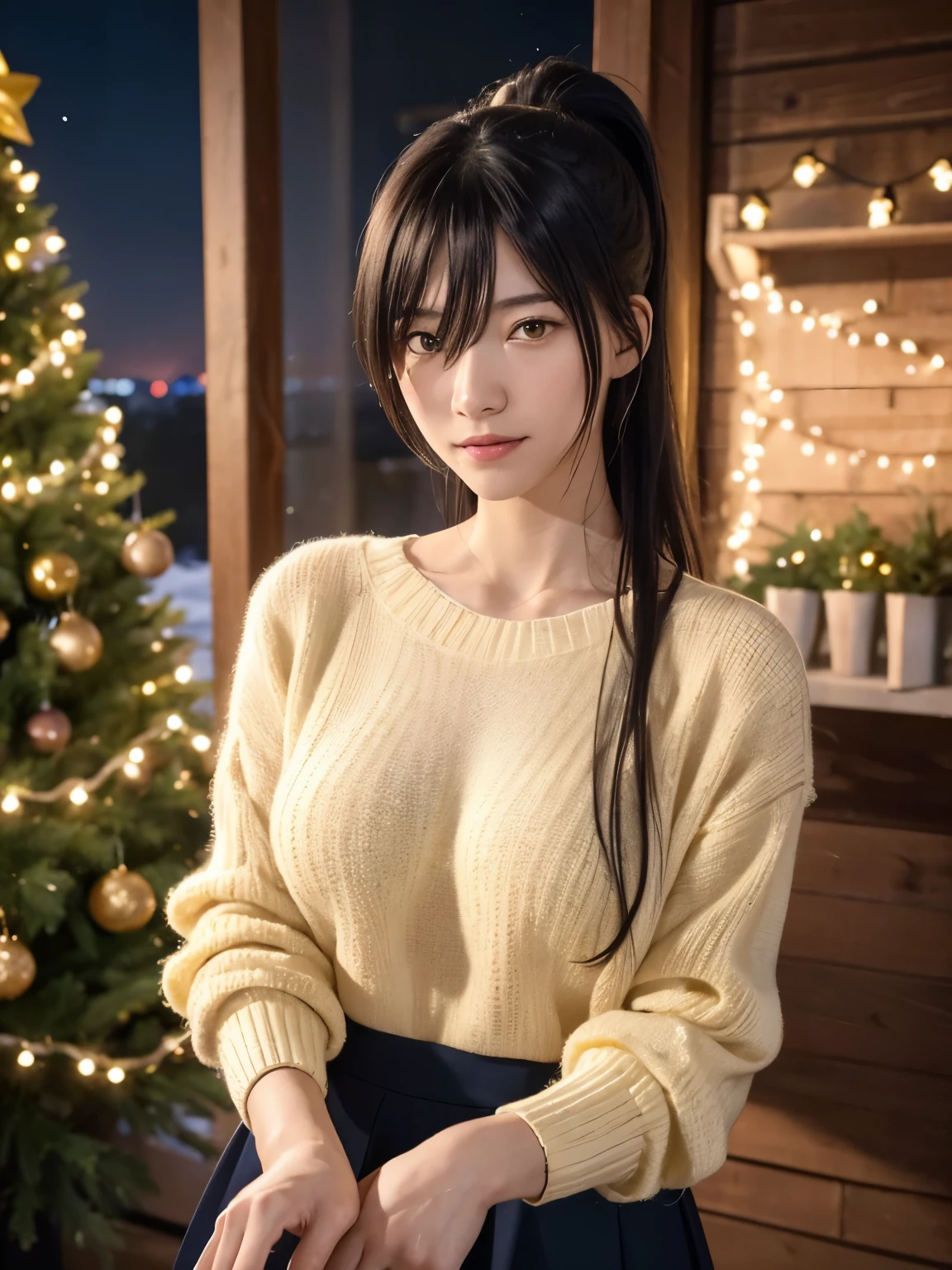 1girl, solo, ager, Slender Body, (huge Breasts:1.25), (pointy breasts:1,25), Low Height, (cute Japanese girl), smile, Looking at camera, close up,
break
Professional photo-realistic images, (8k, RAW photo, best quality, masterpiece:1.2), (realistic, photo-realistic:1.4), (extremely detailed 8k wallpaper), sharp focus, depth of field, blur background, bokeh, cinematic lighting, soft light,
break
sakuya shirase, black hair, ((hair between eyes, long hair, ponytail)), (yellow eyes:1.5),
break
POV, black oversized sweater, white skirt, downblouse, leaning forward, braless,
araffe christmas tree in a square with a lot of people, by Tom Wänerstrand, photo taken at night, christmas night, happy!!!, by Sven Nordqvist, by Jens Søndergaard, wide image, a wide full shot, abcdefghijklmnopqrstuvwxyz, by Karl Völker