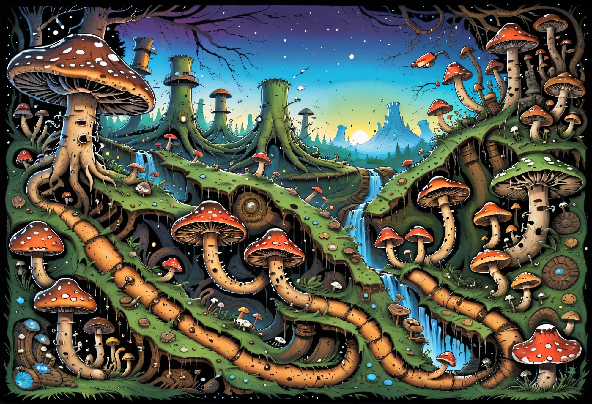 A complex picture of vector graphics, a surreal image of a cross-section of the earth with a large system of thin strange mushrooms and a mycelium in which new small mushrooms are born, an extensive network of underground mycelium, many different mushrooms on the surface of different sizes, a fictional fairy-tale atmosphere, above the earth with forests and mosses and mushrooms, vector graphics, high resolution, clear contours, colorful gradients, high detail, ultra-detailed