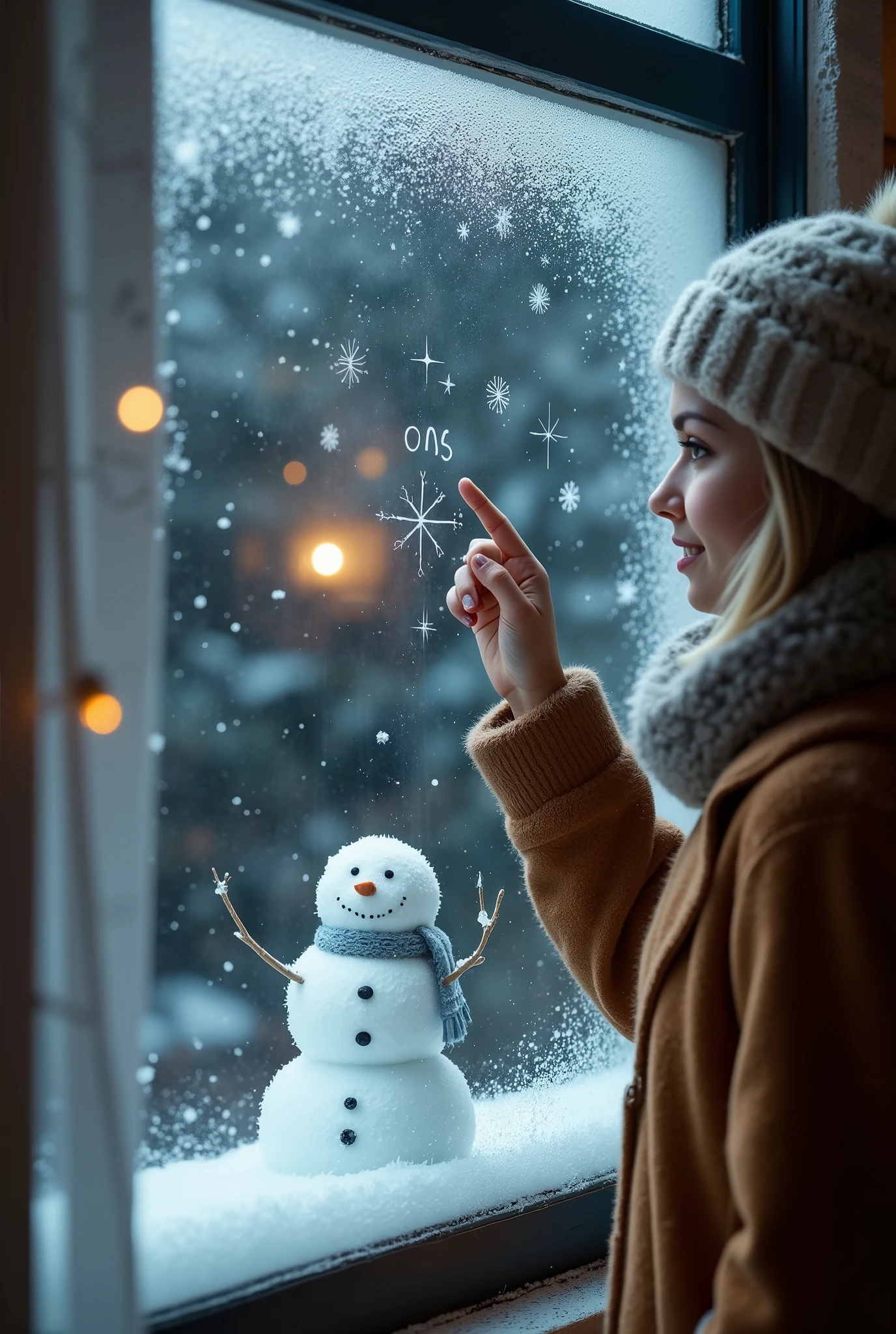 (UHD, best quality, highres icon), photo realistic:1.5, 1woman, Window,  write with your finger on the cloudy window\snow man,  indoor