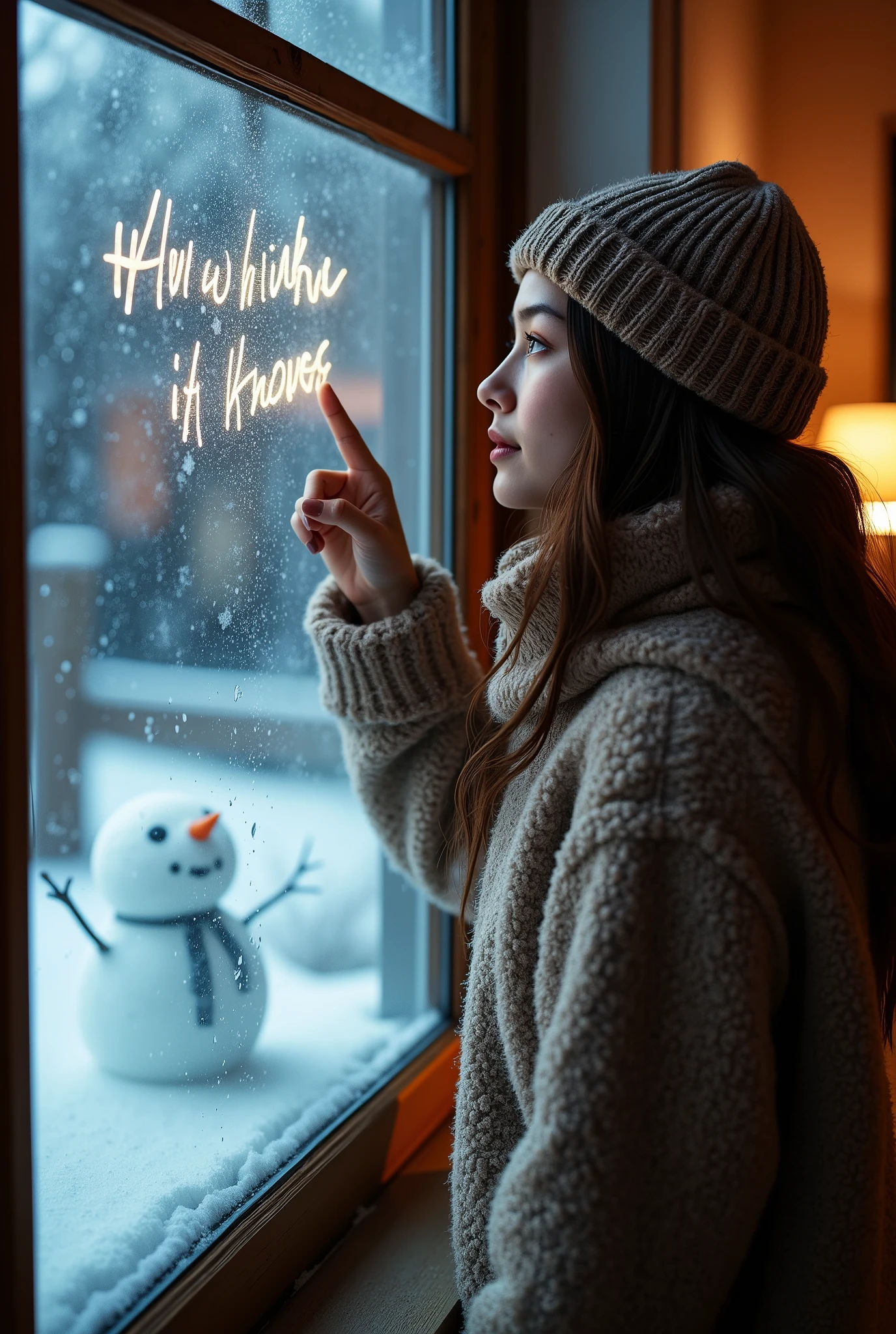 (UHD, best quality, highres icon), photo realistic:1.5, 1woman, Window,  write with your finger on the cloudy window\snow man,  indoor