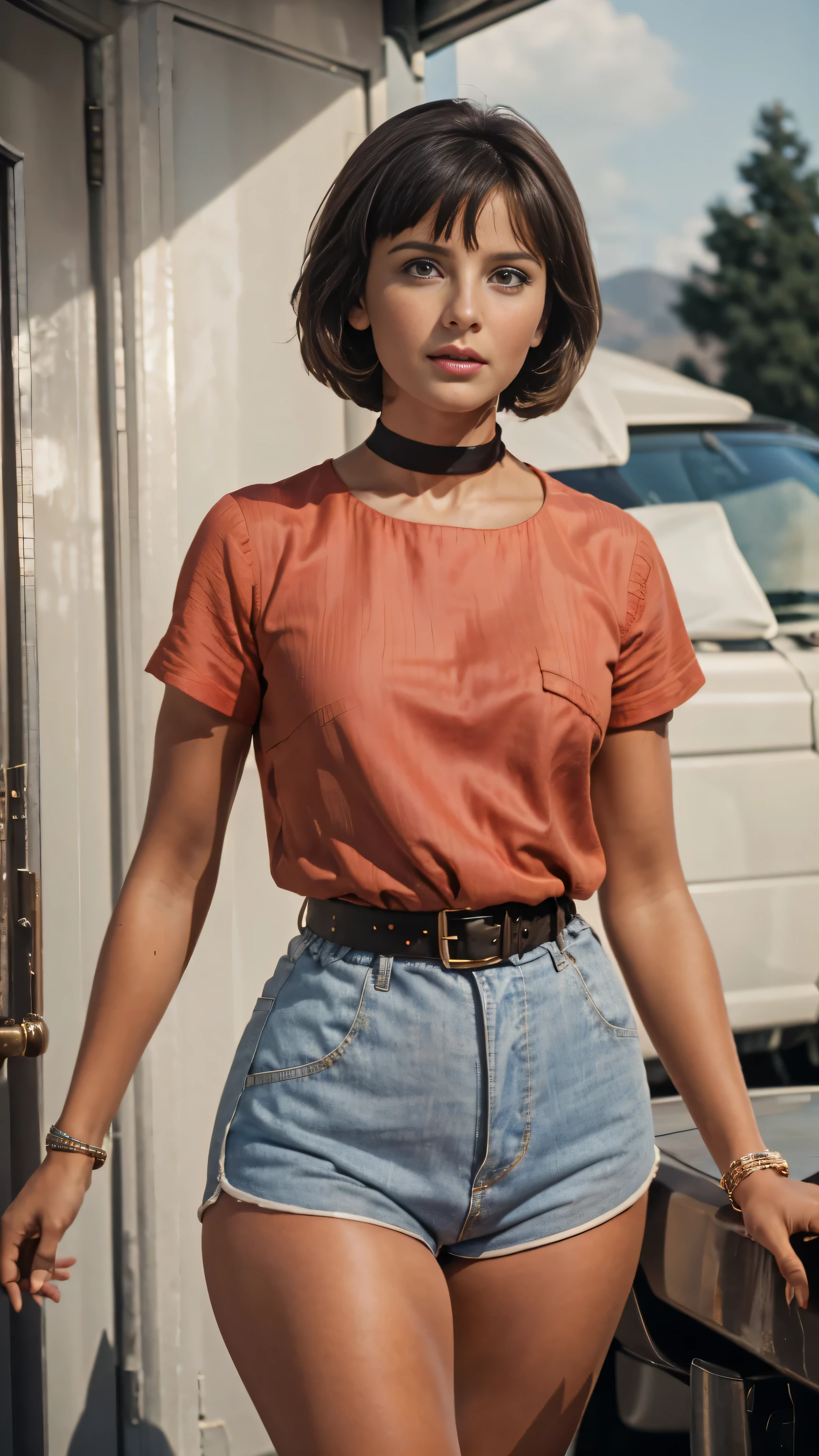Natalya Varley from the Soviet film "Кавказская пленница", very beautiful, sweet, hot sexy model, bob haircut with bangs, brown eyes, perfect facial features, summer makeup, dimples on cheeks, very tanned dark skin, thin neck with slave choker, very beautiful slender figure, Natalya Varley is dressed in a pink cropped knitted shirt with short sleeves and very short sexy white denim micro-shorts with a belt, the girl has very long slender legs, bracelets on her hands, thin fingers with rings, manicure, very hot summer, flirting pose, seduces, manners, flirts, highest quality, very high detail, Soviet retro style, bright colors, very aesthetically pleasing, outfit, Daisy Dukes style