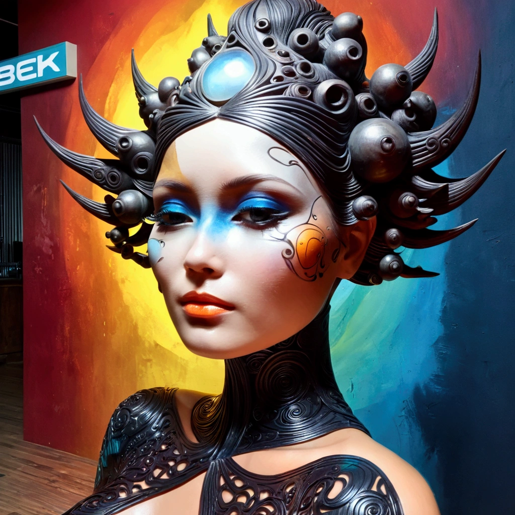 a surreal young woman in a thai style half body abstract sculpture, detailed face and body, intricate textures, striking colors, dynamic composition, ethereal atmosphere, (best quality,8k,highres,masterpiece:1.2),ultra-detailed,(realistic,photorealistic,photo-realistic:1.37),dynamic lighting,dramatic shadows,glowing highlights,vibrant colors,dreamlike,mystical,conceptual art