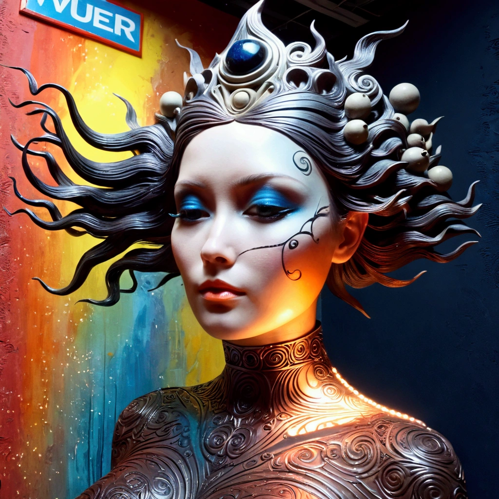 a surreal young woman in a thai style half body abstract sculpture, detailed face and body, intricate textures, striking colors, dynamic composition, ethereal atmosphere, (best quality,8k,highres,masterpiece:1.2),ultra-detailed,(realistic,photorealistic,photo-realistic:1.37),dynamic lighting,dramatic shadows,glowing highlights,vibrant colors,dreamlike,mystical,conceptual art