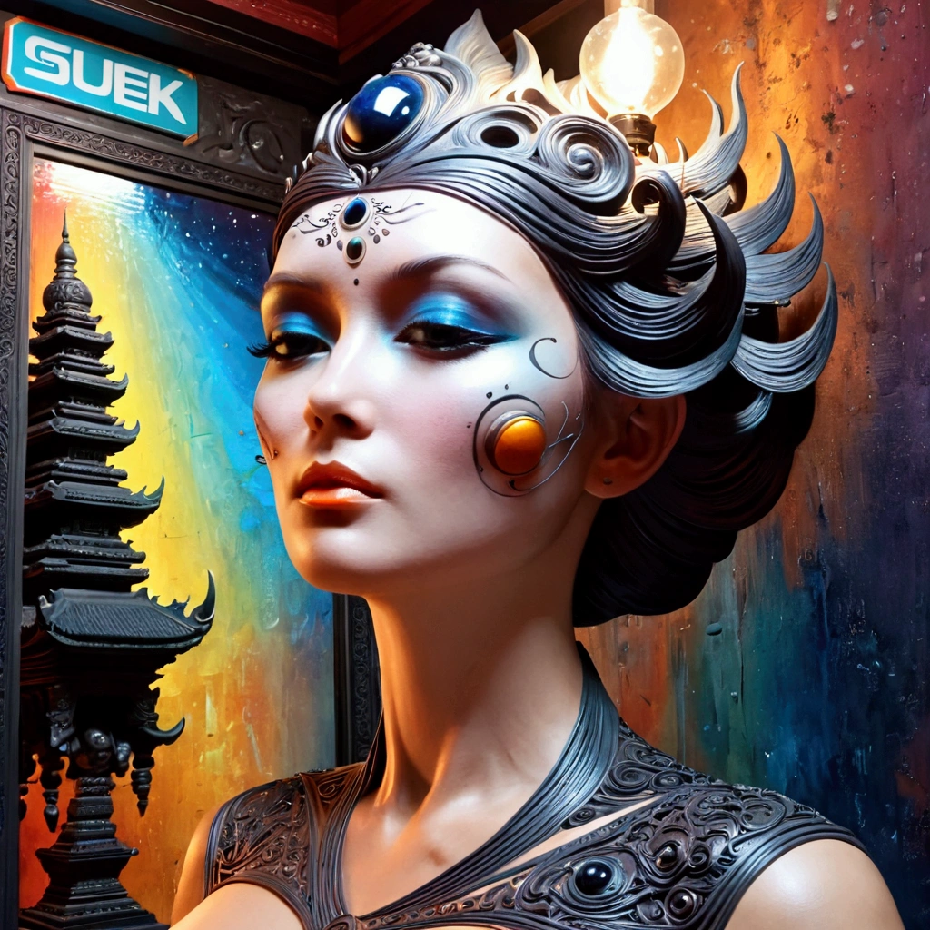 A conceptual masterpiece that seamlessly blends various artistic styles, drawing inspiration from the works of Alphonse Mucha, Howard Pyle, Frank Frazetta, George Bridgman, J.C. Leyendecker, Anne Bachelier, James Montgomery Flagg, Jean-Leon Gerome, and William-Adolphe Bouguereau. The artwork is adorned with graffiti, painting, and 3D render elements, creating a captivating and cinematic atmosphere. The central subject is a striking dark fantasy portrait, incorporating elements of wildlife photography, product, and fashion. The composition is enhanced by typography, architecture, and a striking contrast between light and shadow, resulting in a truly conceptual and unforgettable piece. The artwork is presented as a photo-realistic image, showcasing the synergy between the diverse styles and techniques employed, 3d render, vibrant, typography, graffiti, ukiyo-e, poster, wildlife photography, fashion, architecture, product, portrait photography, cinematic, painting, illustration, dark fantasy, photo, conceptual art