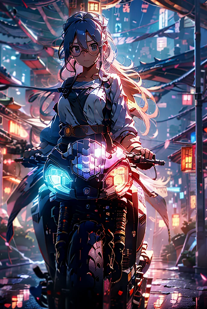 girl whit long blue hair eye glasses, riding pink super bike, background Chines town, raining, dynamic lighting, adding depth and grandeur to the setting. Maintain a dramatic, immersive atmosphere 