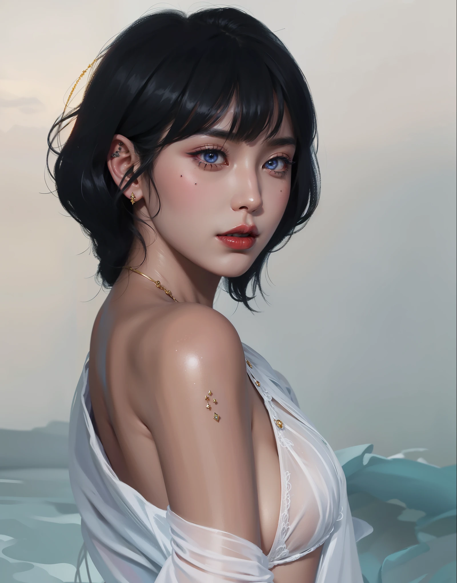 (Hyper-realistic), (Illustration), (High resolution), (8K), (Extremely detailed), (Best Illustration), Yol ( chain saw man ), (Beautiful detailed eyes), (Best Quality), (Ultra-detailed), (masutepiece), (Wallpaper), (Detailed face), Solo, Upper body, Focus on Face, 1 girl, Long Black Hair, Korean, Thin eyeshadow, A detailed eye, Brown eyes, Small moles under the eyes, very slender legs,Small breasts,Smaller chest,Black knee socks, Dynamic Pose, low illuminance, Night, Dark, Clouds, a dark night,sleeps in a bed,Happy,Naked,splashing water on the body,angry,Pink,